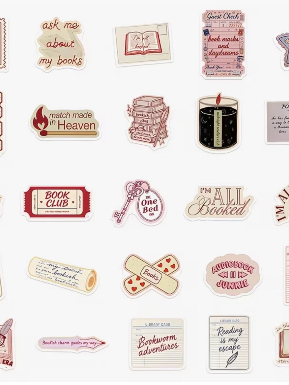 50 Bookish Sticker Pack - Cozy Reading Aesthetic (Pink, Cream, Red) - Picture 3 of 9